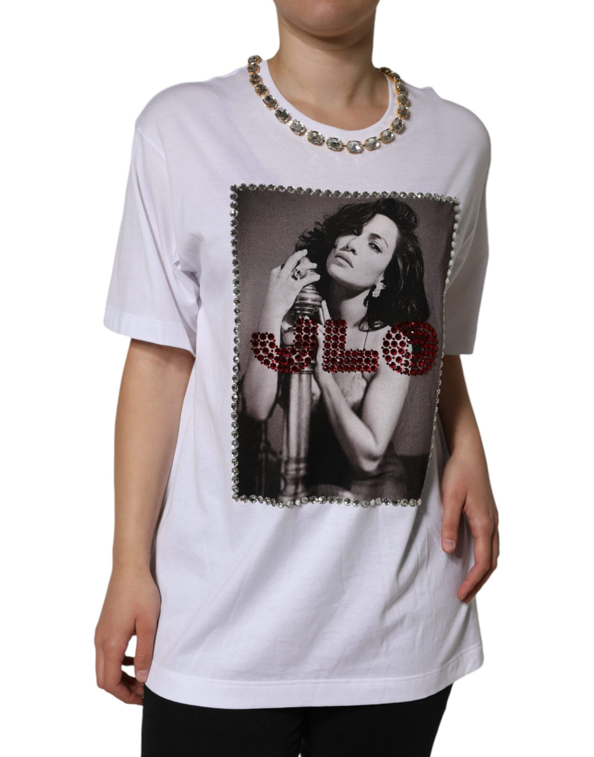 Dolce & Gabbana T-shirt Blanc avec Col Cristal et Imprimé J.Lo