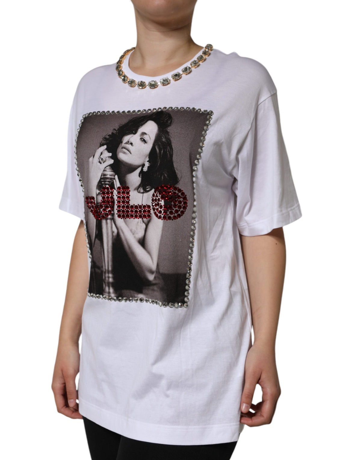 Dolce & Gabbana T-shirt Blanc avec Col Cristal et Imprimé J.Lo