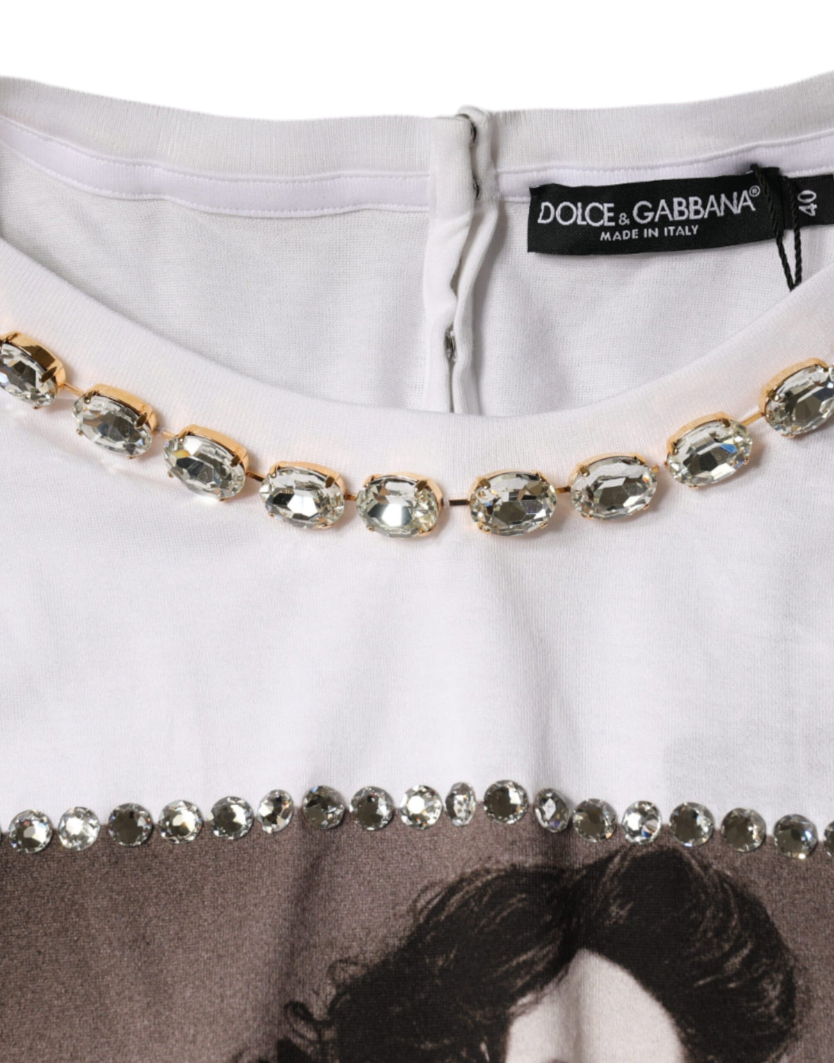 Dolce & Gabbana T-shirt Blanc avec Col Cristal et Imprimé J.Lo