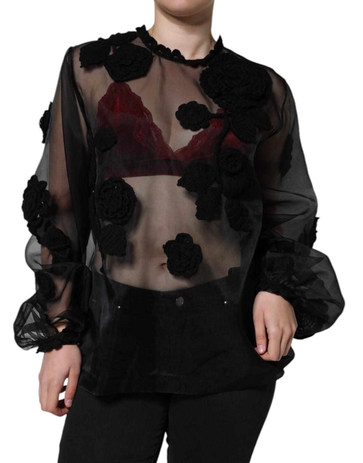 Dolce & Gabbana Blouse Florale Transparente en Nylon Noir