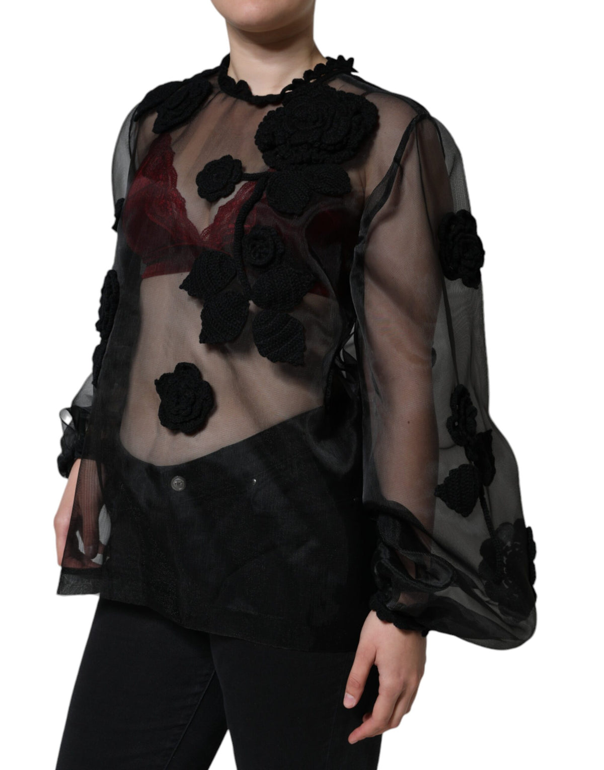 Dolce & Gabbana Blouse Florale Transparente en Nylon Noir