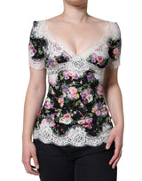 Dolce & Gabbana Blouse en Dentelle Florale Noire à Manches Courtes