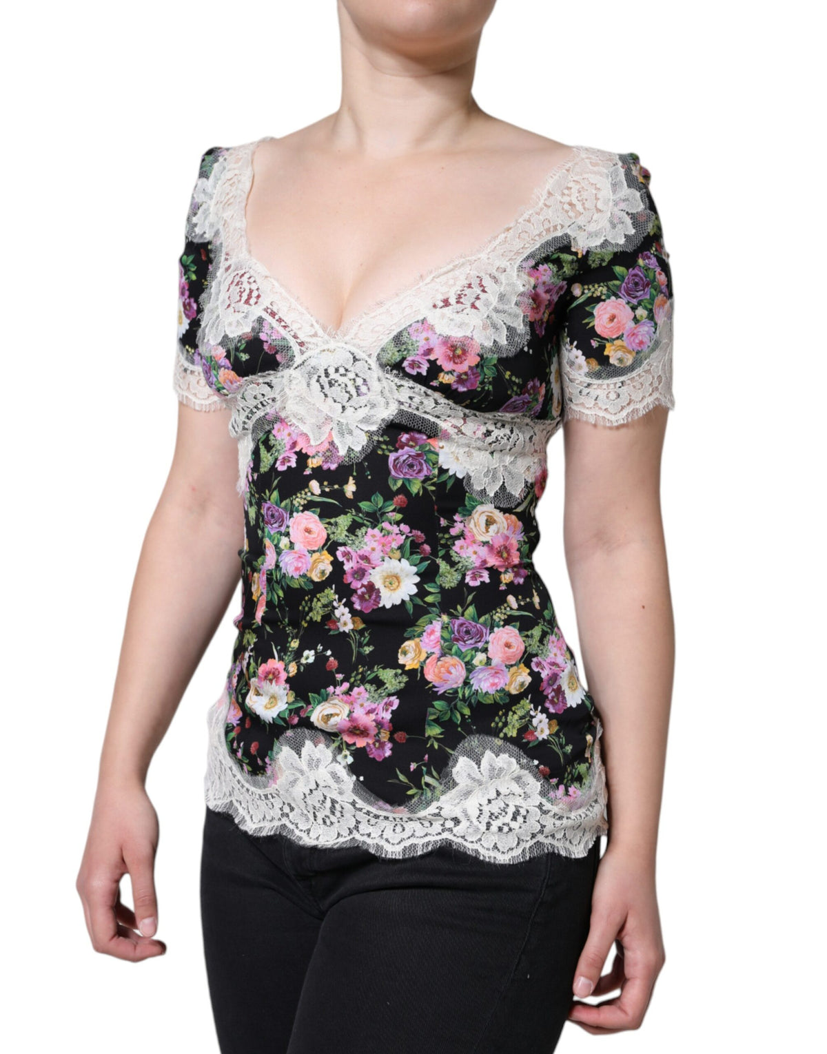 Dolce & Gabbana Blouse en Dentelle Florale Noire à Manches Courtes