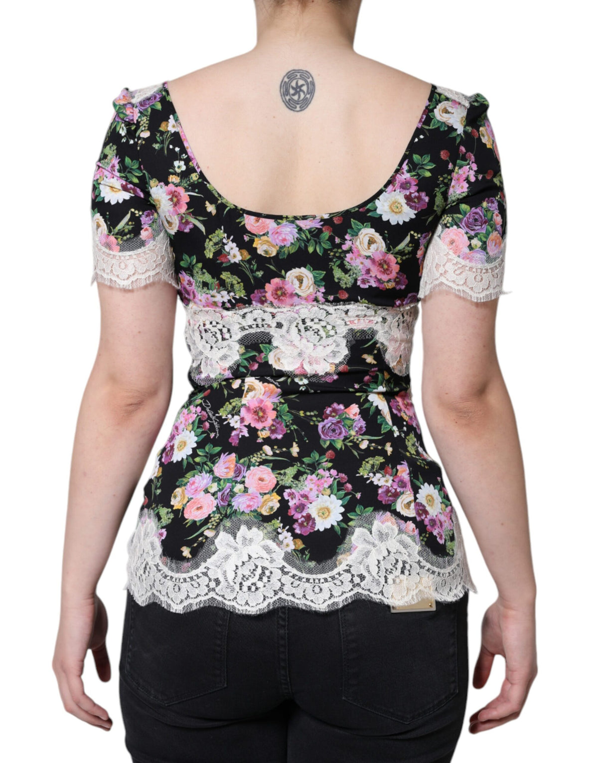 Dolce & Gabbana Blouse en Dentelle Florale Noire à Manches Courtes