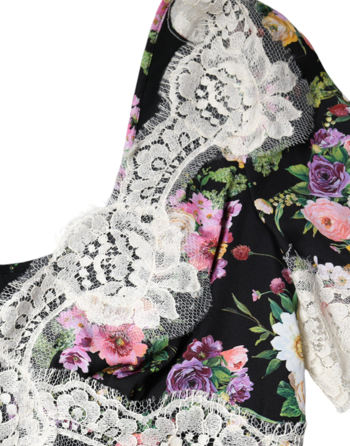 Dolce & Gabbana Blouse en Dentelle Florale Noire à Manches Courtes