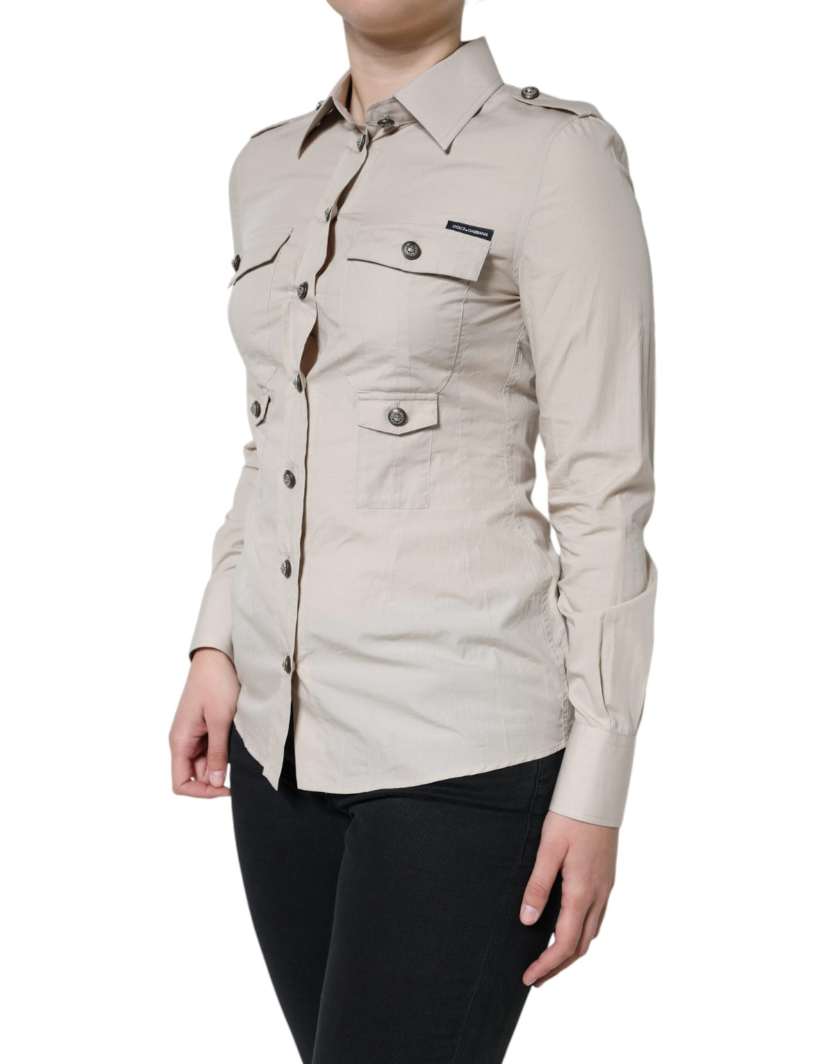 Dolce & Gabbana Chemise Beige en Coton à Col Boutonné