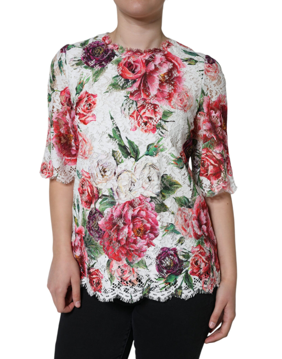 Dolce & Gabbana Blouse Top en Dentelle Blanche Pivoine à Manches Courtes