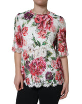 Dolce & Gabbana Blouse Top en Dentelle Blanche Pivoine à Manches Courtes