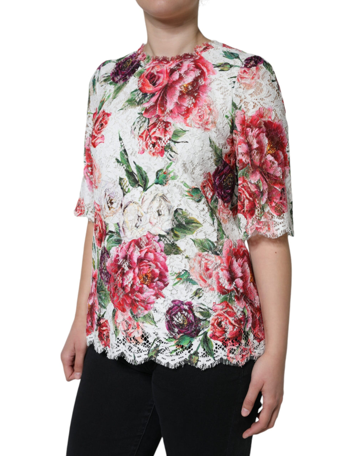 Dolce & Gabbana Blouse Top en Dentelle Blanche Pivoine à Manches Courtes