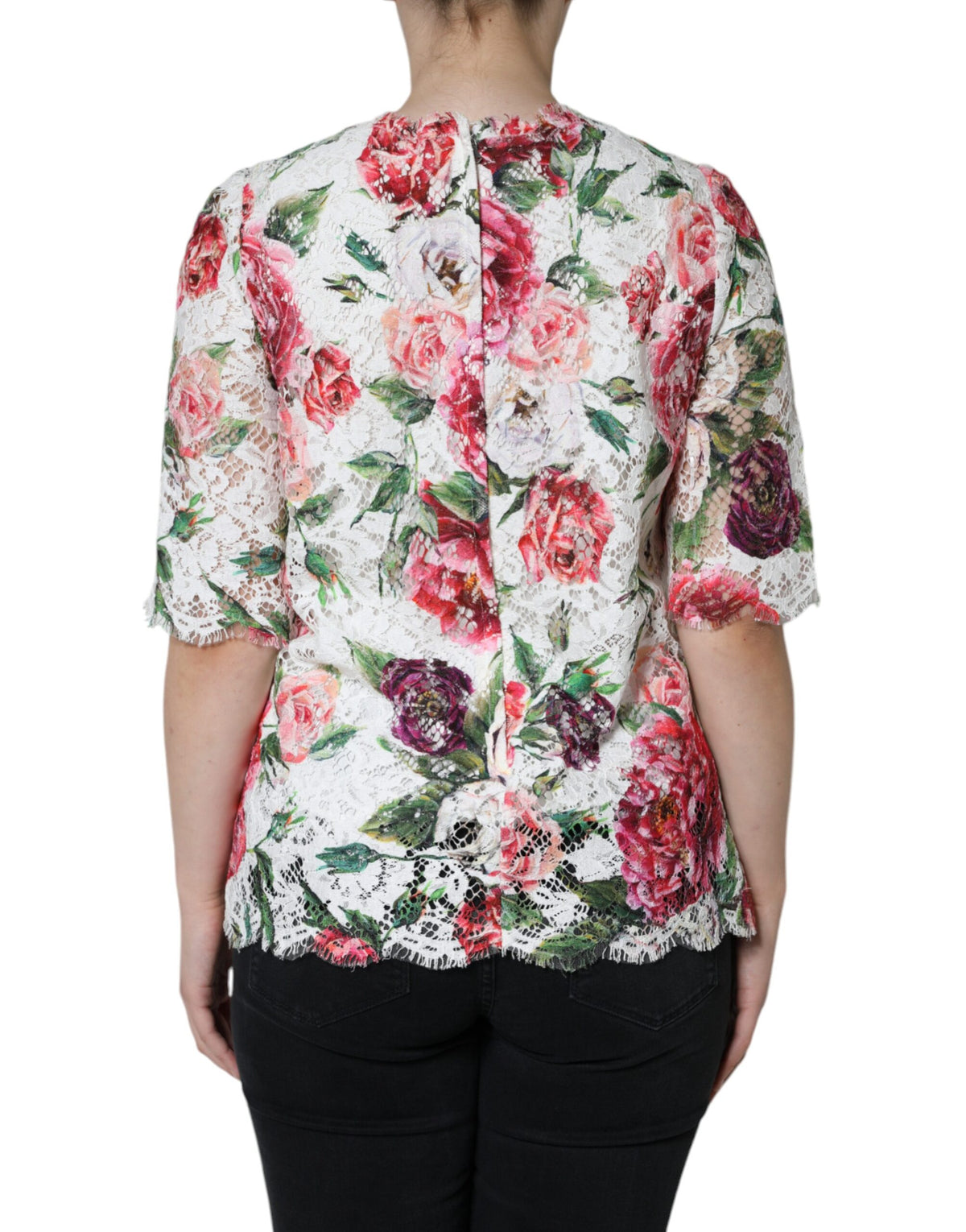 Dolce & Gabbana Blouse Top en Dentelle Blanche Pivoine à Manches Courtes