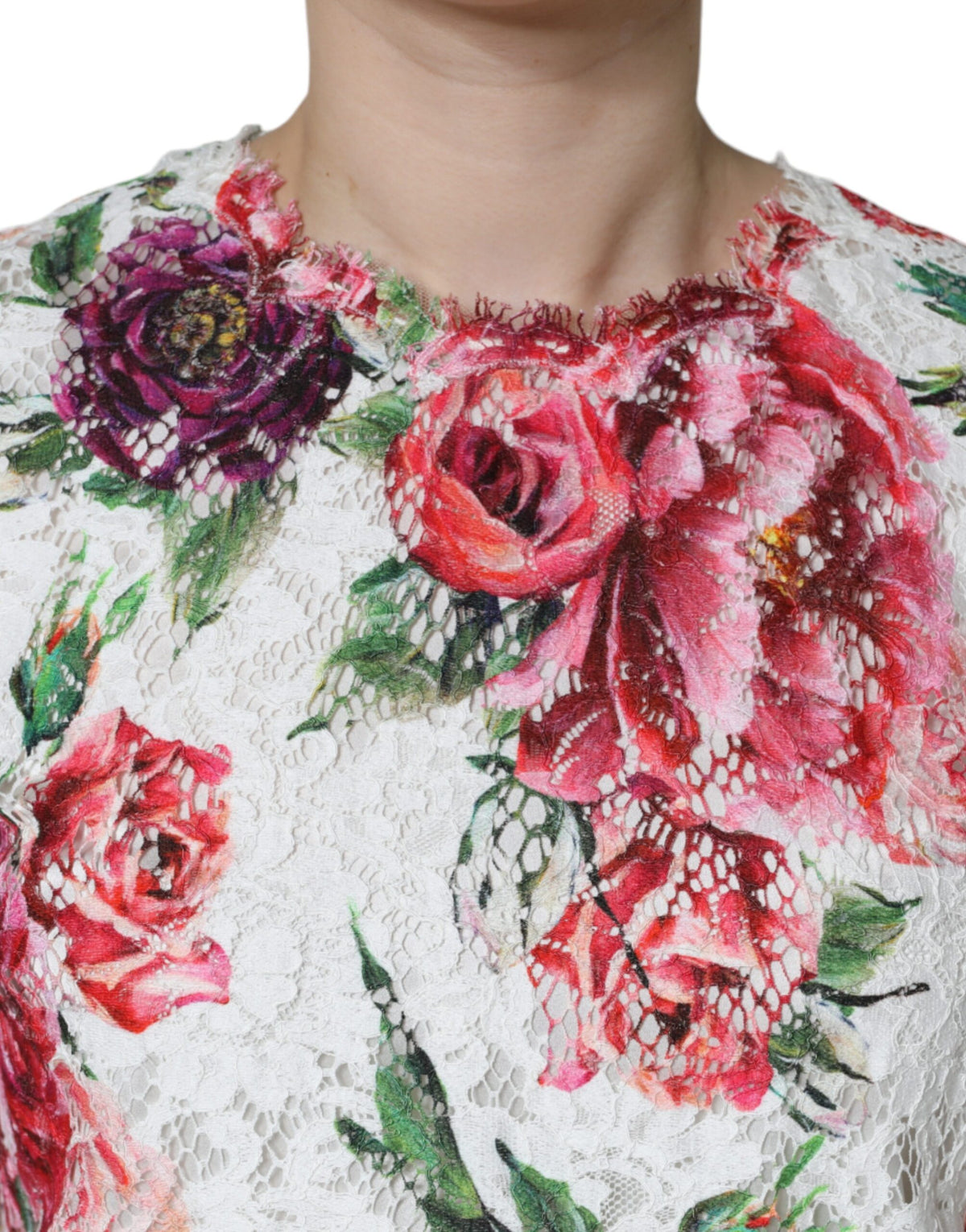 Dolce & Gabbana Blouse Top en Dentelle Blanche Pivoine à Manches Courtes