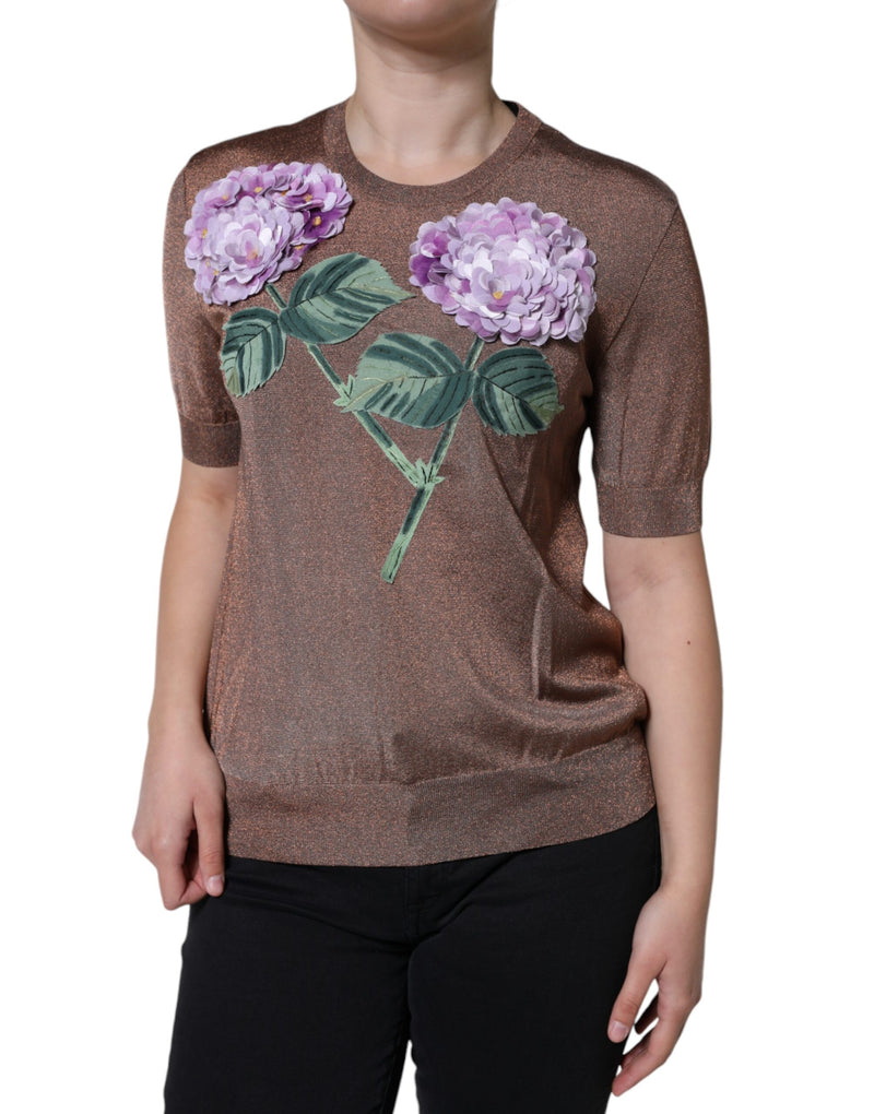 Dolce & Gabbana Brown Floral Applique Short Sleeve Top