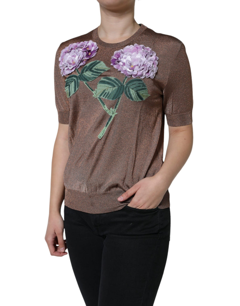 Dolce & Gabbana Brown Floral Applique Short Sleeve Top