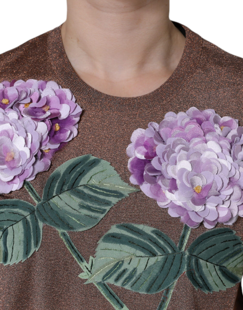 Dolce & Gabbana Brown Floral Applique Short Sleeve Top