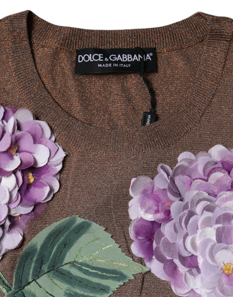 Dolce & Gabbana Brown Floral Applique Short Sleeve Top