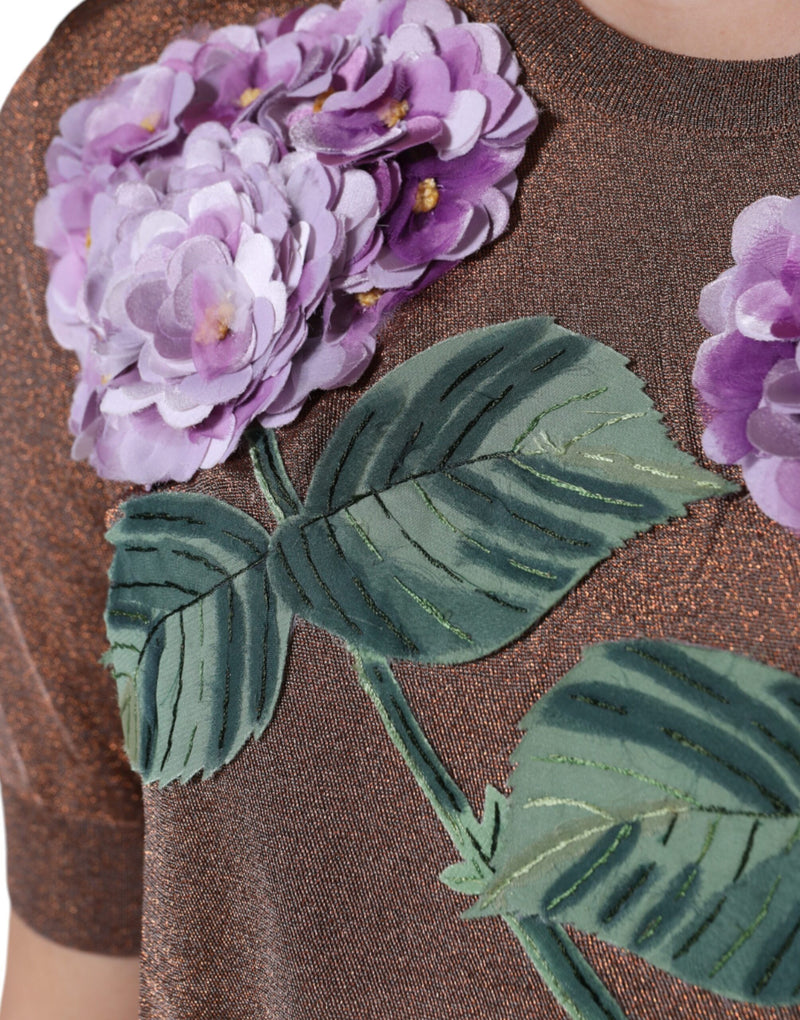 Dolce & Gabbana Brown Floral Applique Short Sleeve Top