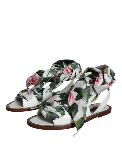 Sandales compensées à envelopper autour de la cheville, imprimé floral multicolore, Dolce & Gabbana.