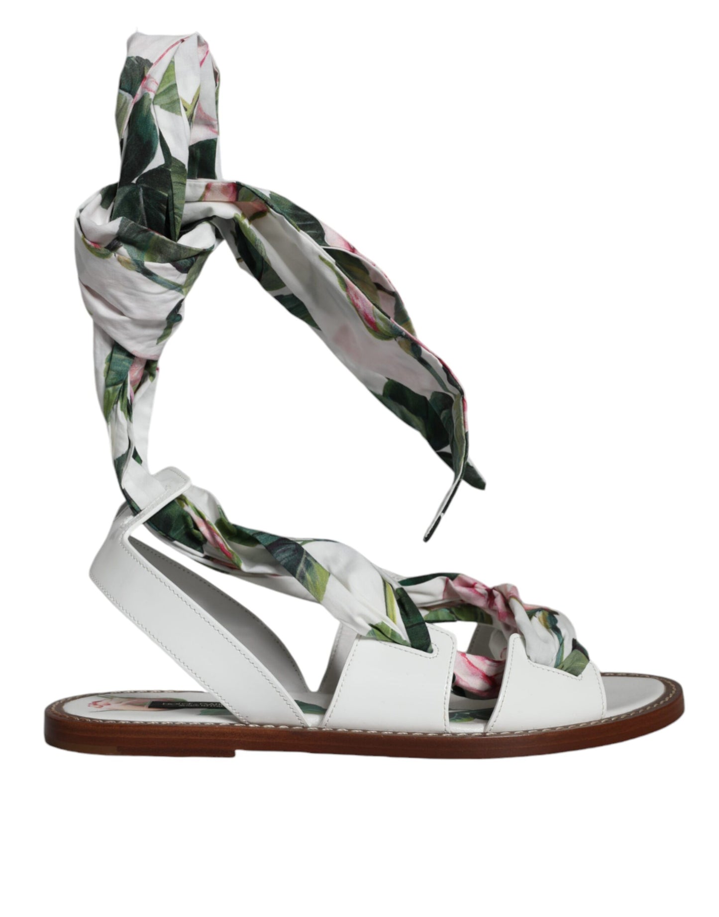 Sandales compensées à envelopper autour de la cheville, imprimé floral multicolore, Dolce & Gabbana.