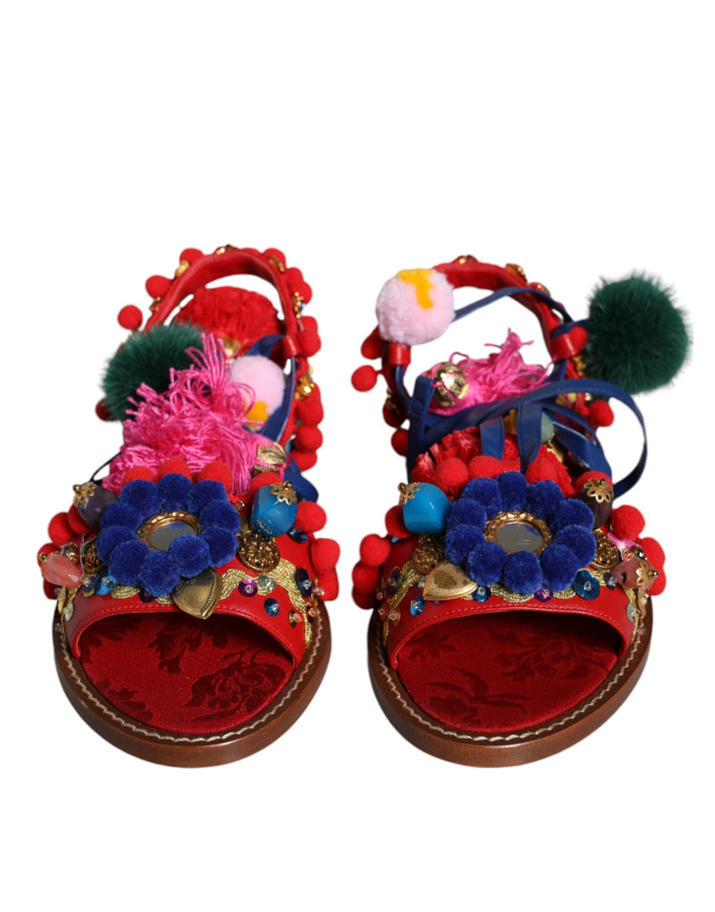 Dolce & Gabbana Multicolor Pom Pom Fur Wrap Sandals
