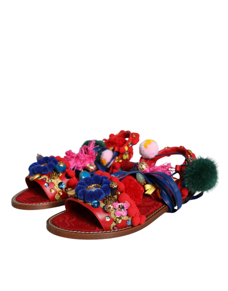 Dolce & Gabbana Multicolor Pom Pom Fur Wrap Sandals