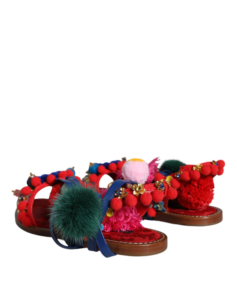 Dolce & Gabbana Multicolor Pom Pom Fur Wrap Sandals