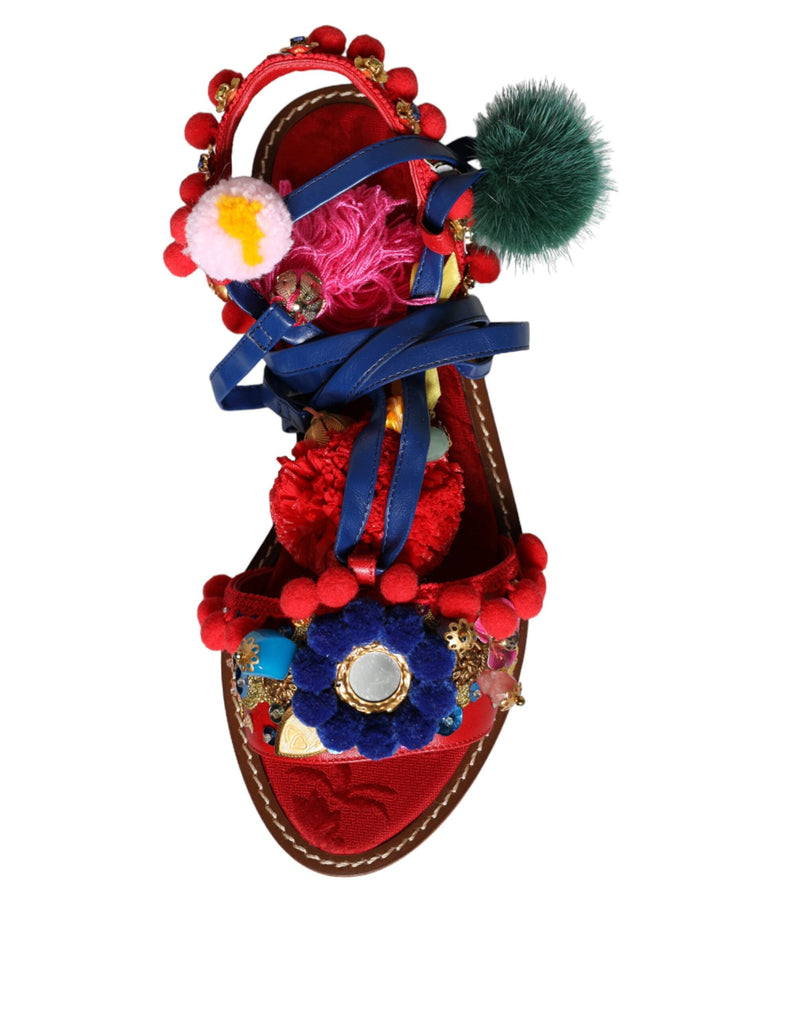 Dolce & Gabbana Multicolor Pom Pom Fur Wrap Sandals
