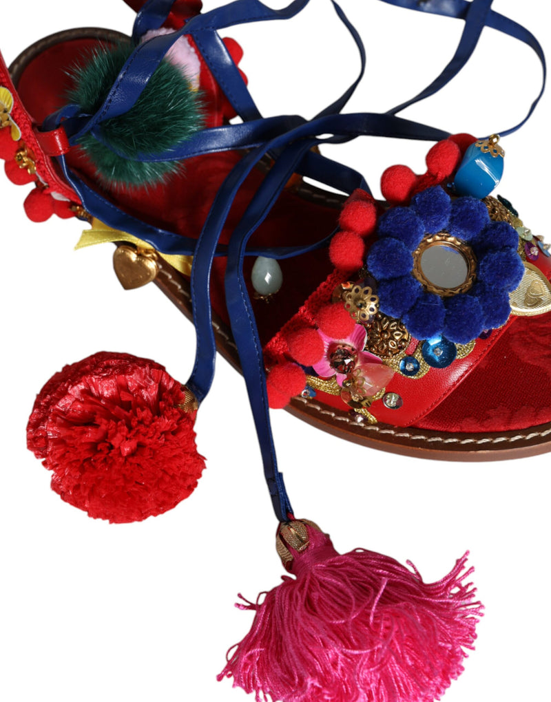 Dolce & Gabbana Multicolor Pom Pom Fur Wrap Sandals