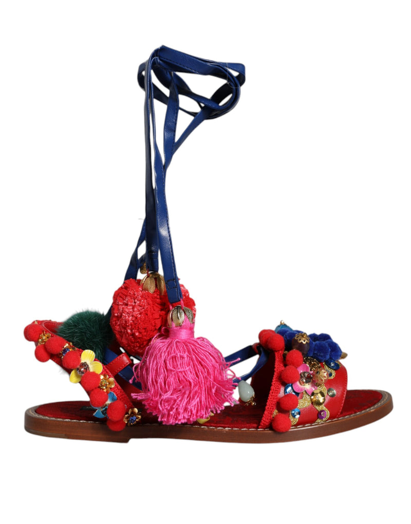 Dolce & Gabbana Multicolor Pom Pom Fur Wrap Sandals