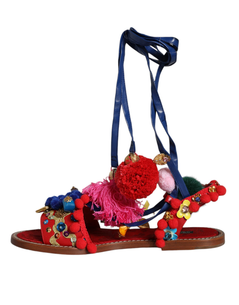 Dolce & Gabbana Multicolor Pom Pom Fur Wrap Sandals