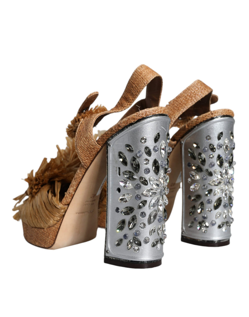 Dolce & Gabbana Sandales Cristal à Bride Cheville en Raffia Marron