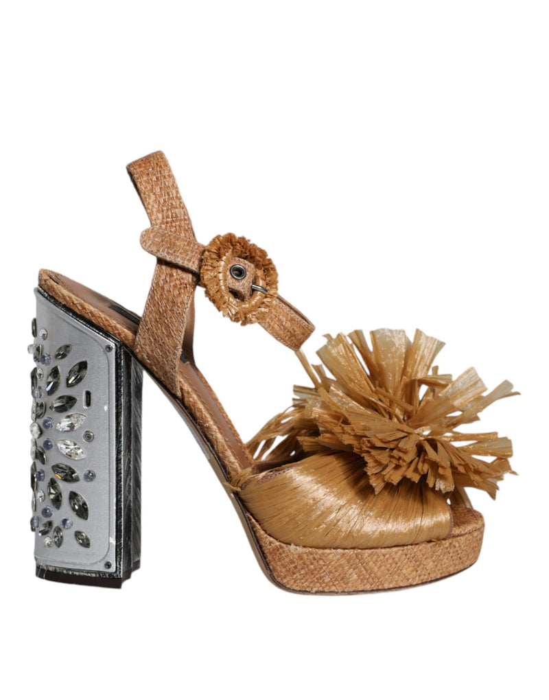 Dolce & Gabbana Sandales Cristal à Bride Cheville en Raffia Marron