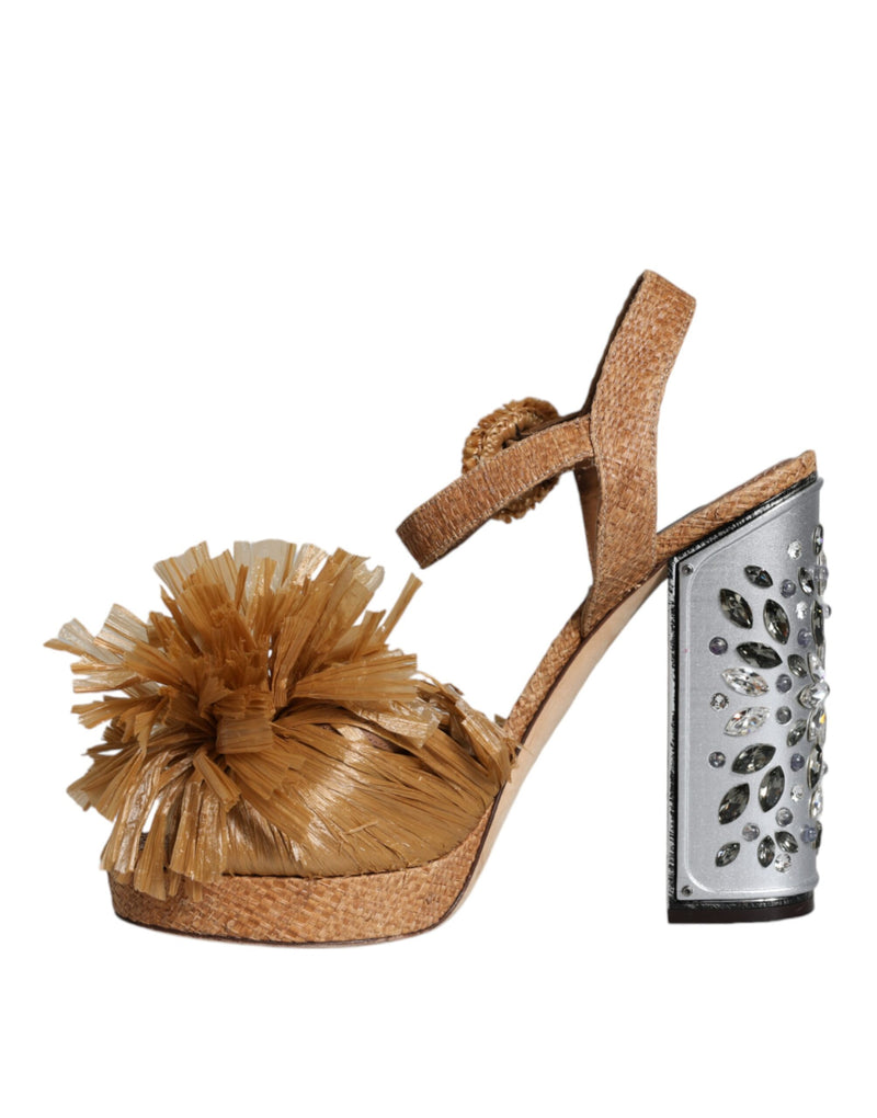 Dolce & Gabbana Sandales Cristal à Bride Cheville en Raffia Marron