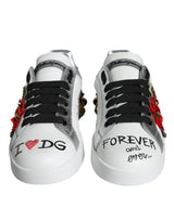 Dolce & Gabbana White Leather Floral Studded Sneakers