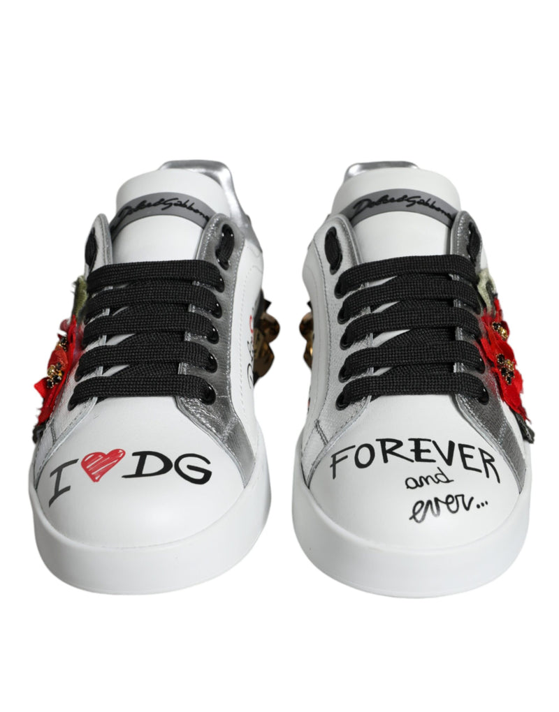 Dolce & Gabbana White Leather Floral Studded Sneakers