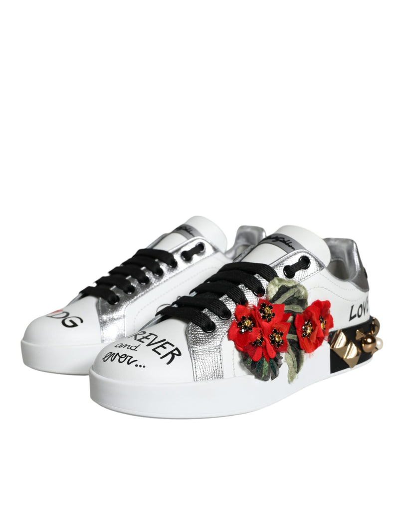Dolce & Gabbana White Leather Floral Studded Sneakers