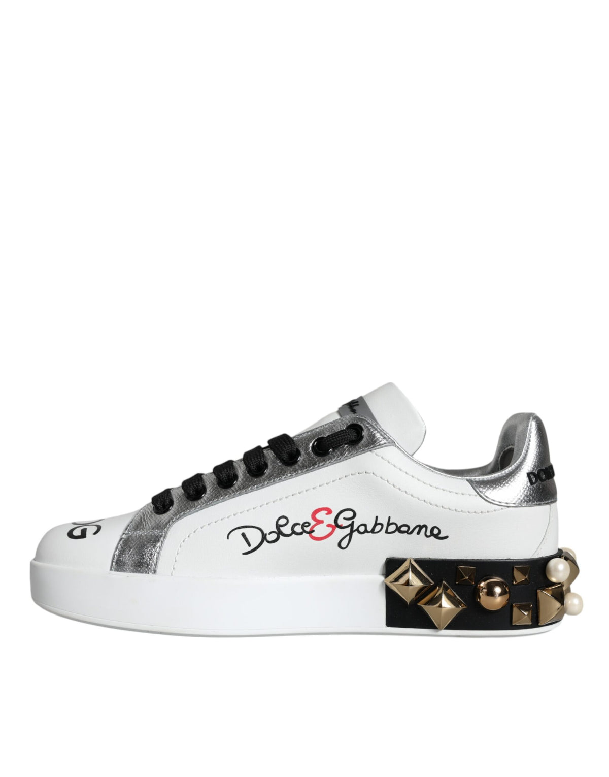 Dolce & Gabbana White Leather Floral Studded Sneakers