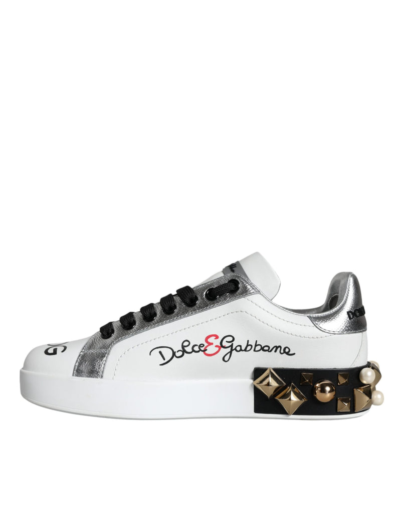 Dolce & Gabbana White Leather Floral Studded Sneakers