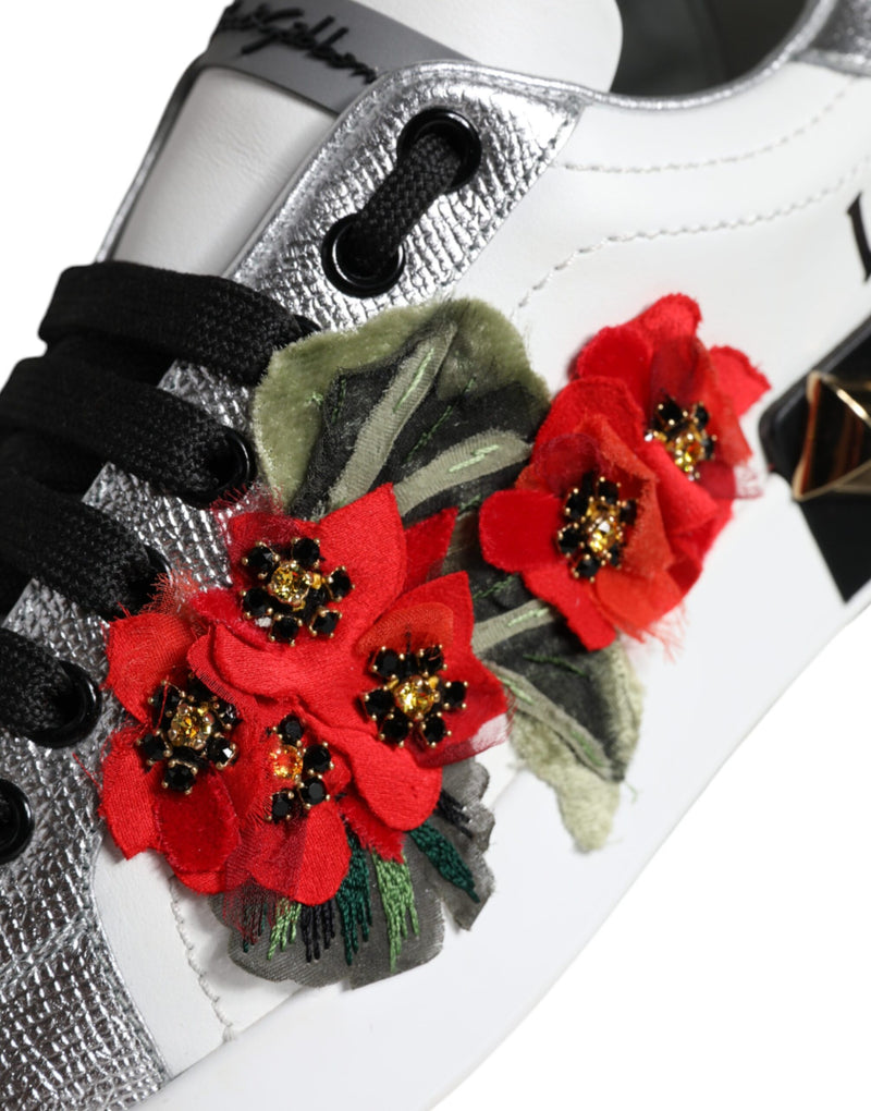 Dolce & Gabbana White Leather Floral Studded Sneakers