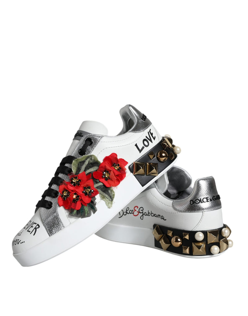 Dolce & Gabbana White Leather Floral Studded Sneakers