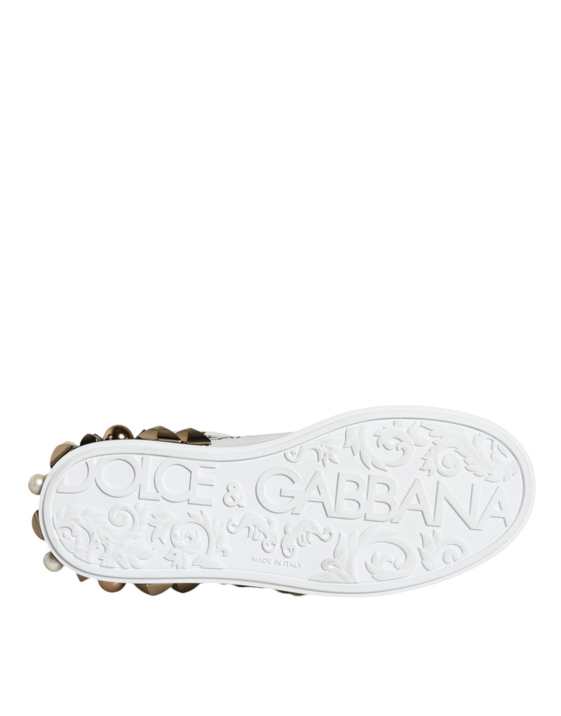 Dolce & Gabbana White Leather Floral Studded Sneakers