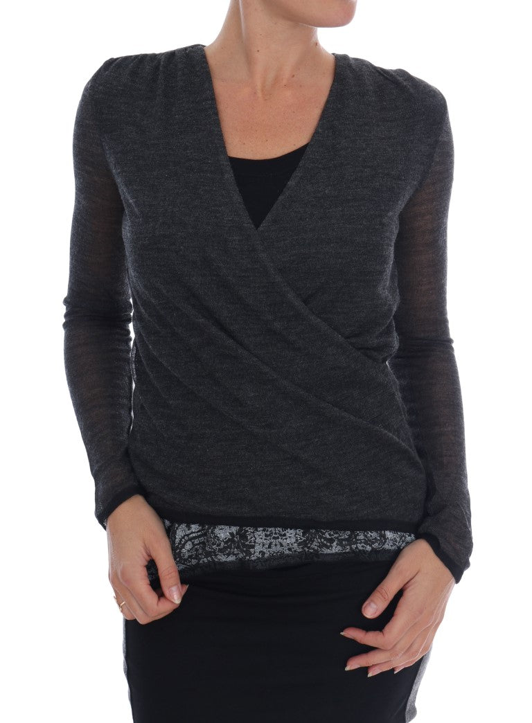 T-shirt à manches longues en dentelle de laine grise Ermanno Scervino