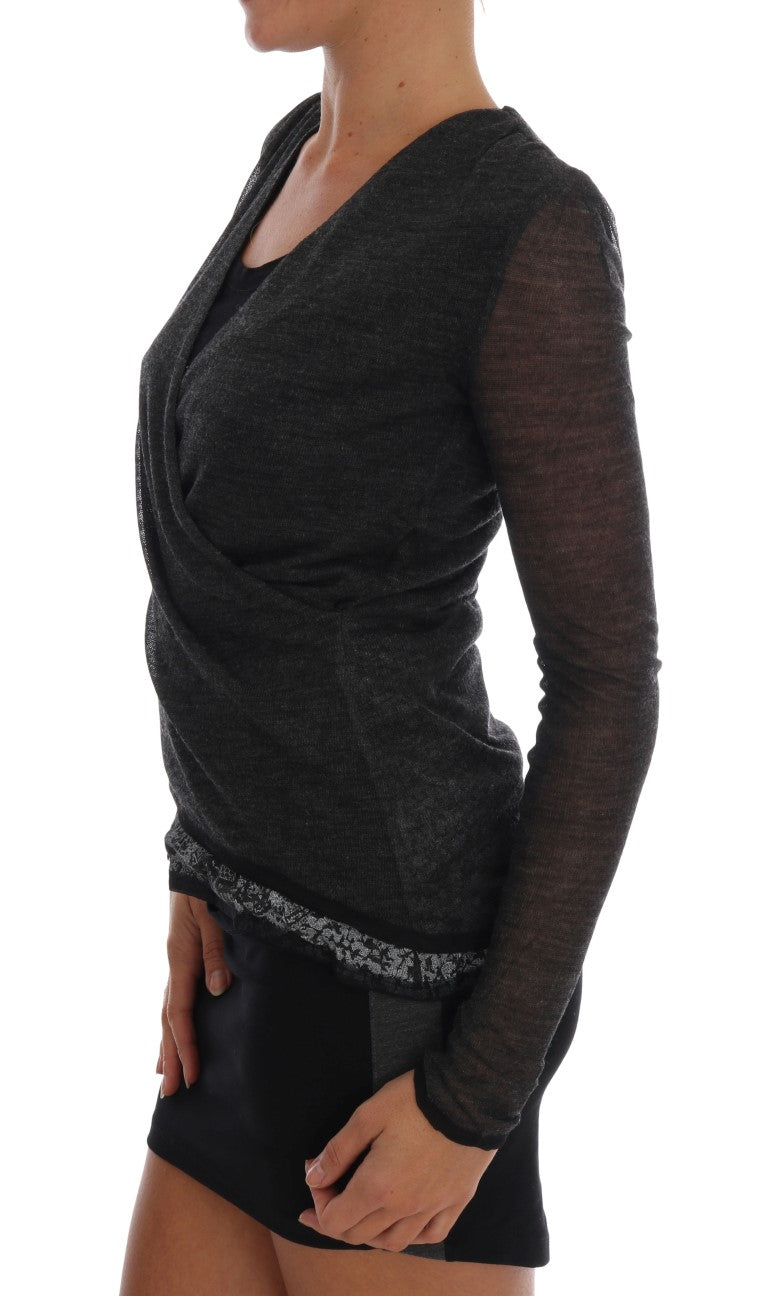 T-shirt à manches longues en dentelle de laine grise Ermanno Scervino