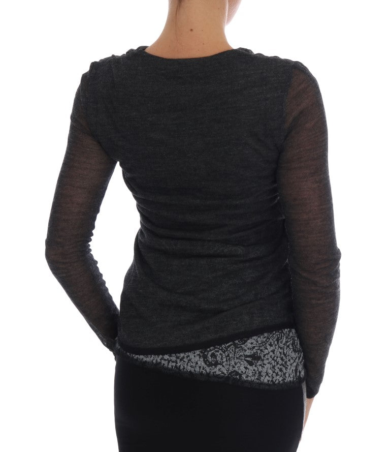 T-shirt à manches longues en dentelle de laine grise Ermanno Scervino