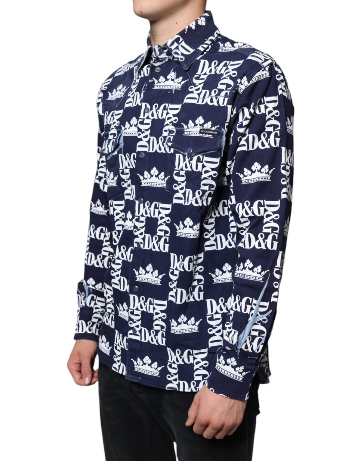 Chemise en coton à logo couronne bleue, coupe ajustée, Dolce &amp; Gabbana