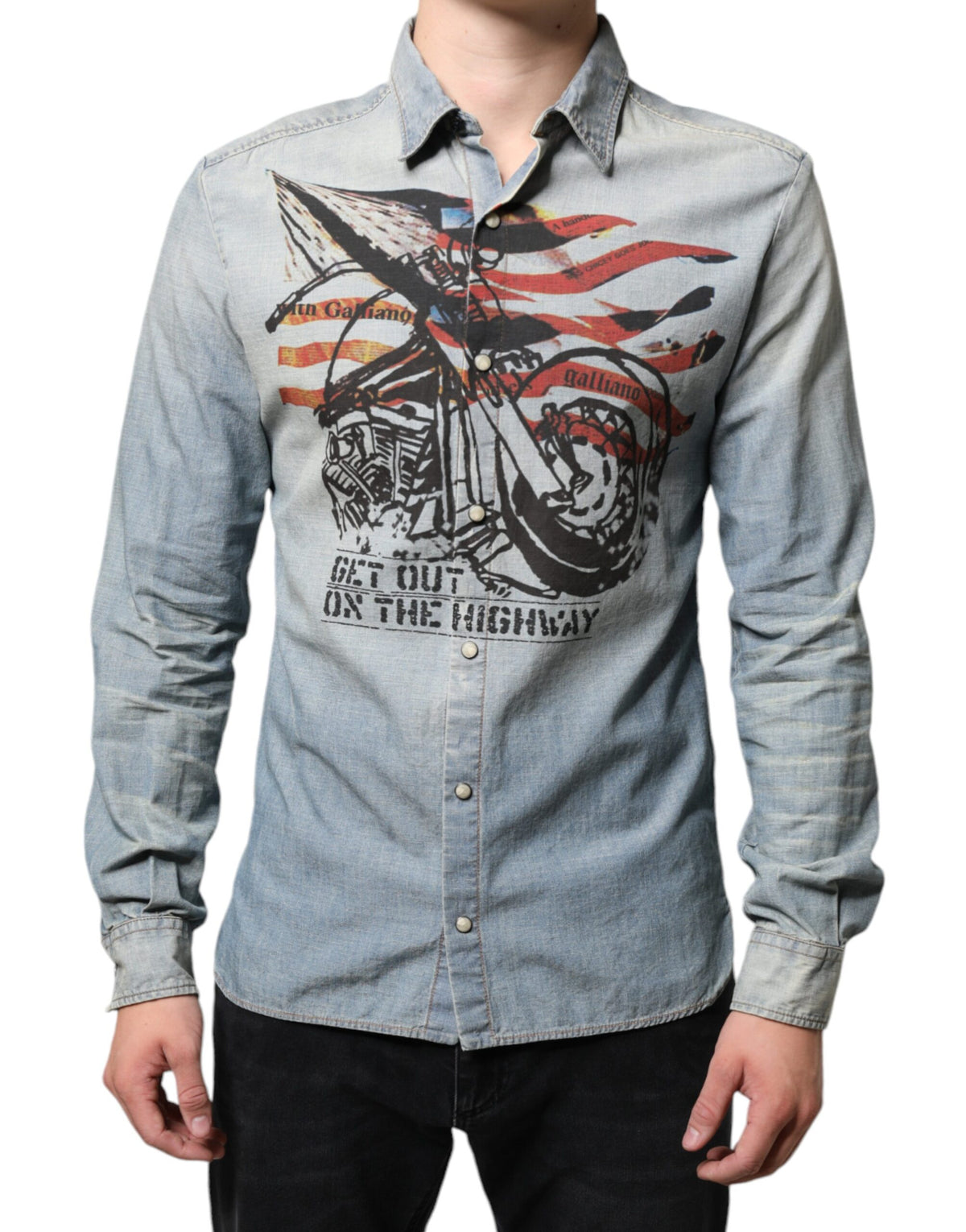 Chemise en jean coton à manches longues, bleu clair imprimé, John Galliano