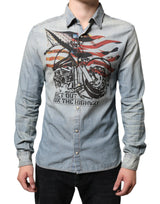 Chemise en jean coton à manches longues, bleu clair imprimé, John Galliano