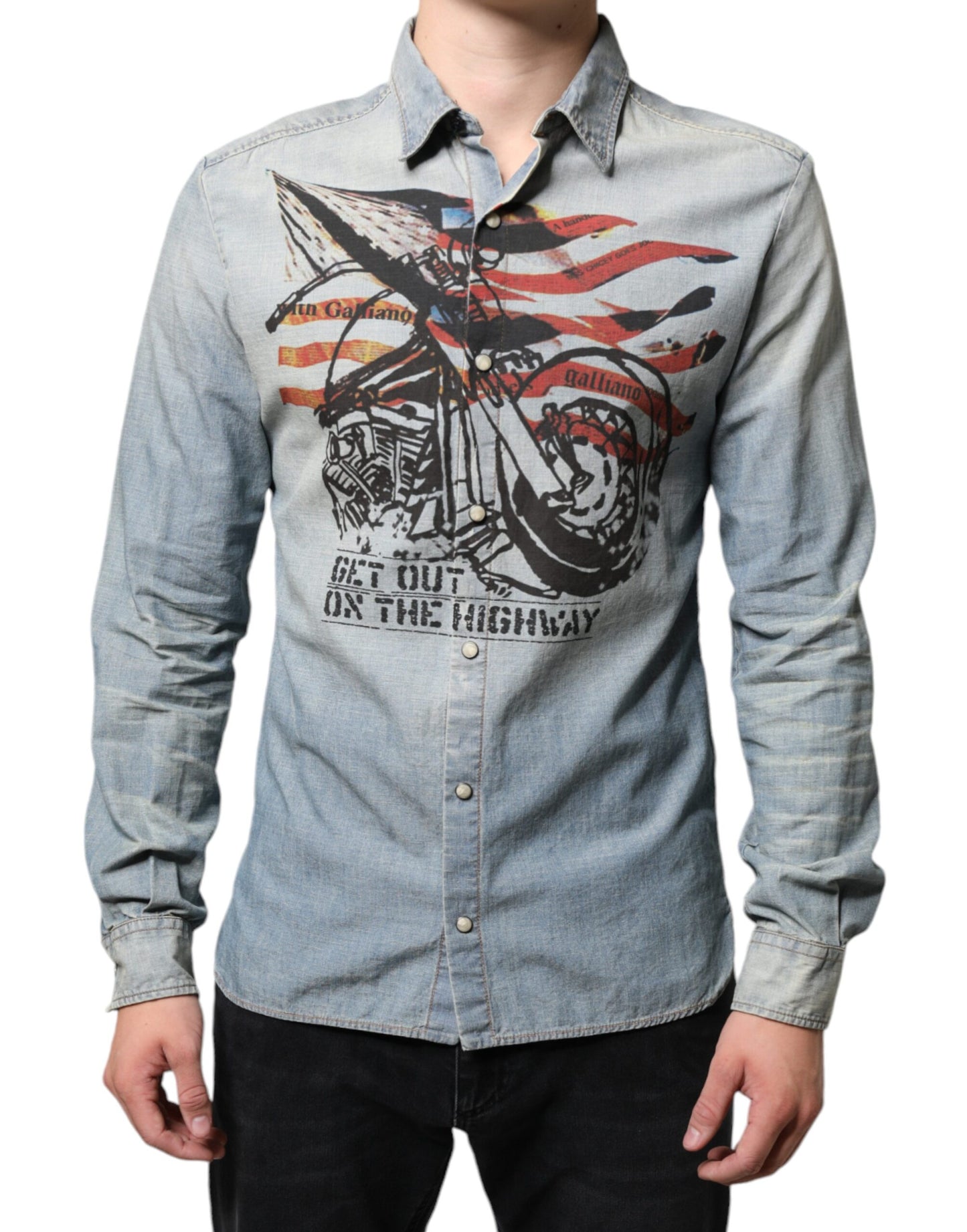 Chemise en jean coton à manches longues, bleu clair imprimé, John Galliano