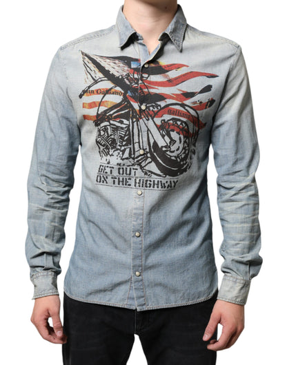 Chemise en jean coton à manches longues, bleu clair imprimé, John Galliano