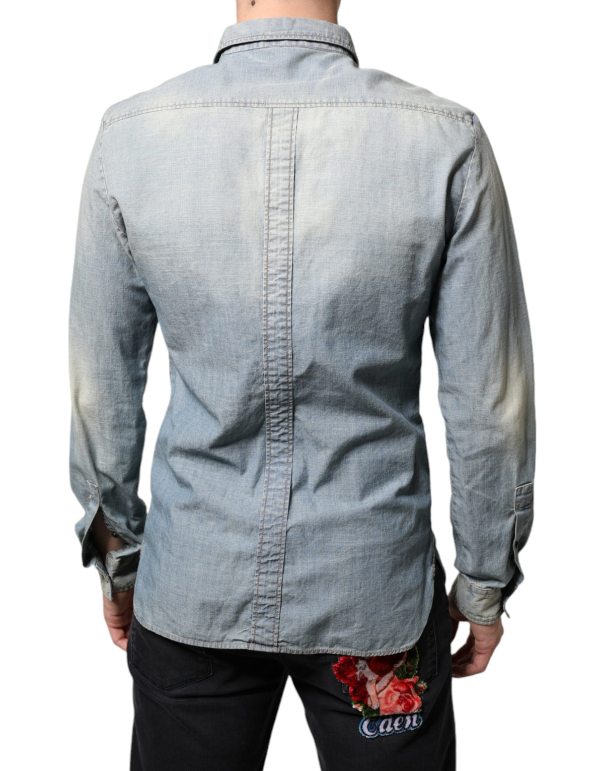 Chemise en jean coton à manches longues, bleu clair imprimé, John Galliano