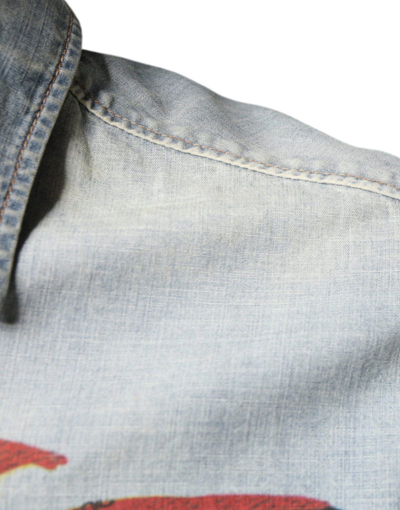 John Galliano lichtblauwe, bedrukte katoenen denim overhemden met lange mouwen